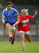 30 June 2018; Rachel Brennan of Dublin in action against Laura O'Mahoney of Cork during the GAA All-Ireland Minor A Ladies Football Semi-final match between Cork and Dublin at MacDonagh Park in Nenagh, Tipperary. Photo by Harry Murphy/Sportsfile