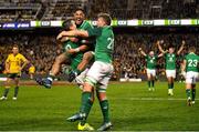 23 June 2018; Ireland players, from left, Jonathan Sexton, Bundee Aki and Jordi Murphy celebrate at the final whistle of the 2018 Mitsubishi Estate Ireland Series 3rd Test match between Australia and Ireland at Allianz Stadium in Sydney, Australia. Photo by Brendan Moran/Sportsfile