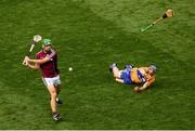 28 July 2018; David McInerney of Clare attempts to block a shot by David Burke of Galway by throwing his hurl during the GAA Hurling All-Ireland Senior Championship semi-final match between Galway and Clare at Croke Park in Dublin. Photo by Ramsey Cardy/Sportsfile
