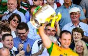 24 June 2018; DUP leader Arlene Foster watches Donegal captain Michael Murphy lift the Anglo Celt Cup following the Ulster GAA Football Senior Championship Final match between Donegal and Fermanagh at St Tiernach's Park in Clones, Monaghan. Photo by Ramsey Cardy/Sportsfile