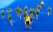 2 August 2018; Ireland players celebrate with goalkeeper Ayeisha McFerran after their victory in a penalty shootout during the Women's Hockey World Cup Finals Quarter-Final match between Ireland and India at the Lee Valley Hockey Centre in QE Olympic Park, London, England. Photo by Craig Mercer/Sportsfile