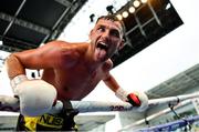 18 August 2018; Sean McComb celebrates defeating Reynaldo Mora in their lightweight bout at Windsor Park in Belfast. Photo by Ramsey Cardy/Sportsfile