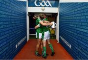 19 August 2018; Gearóid Hegarty, left, and Séamus Flanagan of Limerick hug as they leave the pitch with the Liam MacCarthy Cup after the GAA Hurling All-Ireland Senior Championship Final match between Galway and Limerick at Croke Park in Dublin.  Photo by Brendan Moran/Sportsfile