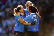 16 September 2018; Dublin players, from left, Sinéad Finnegan, Amy Connolly and Niamh Collins celebrate at the final whistle of the TG4 All-Ireland Ladies Football Senior Championship Final match between Cork and Dublin at Croke Park, Dublin. Photo by Brendan Moran/Sportsfile