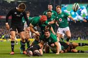 17 November 2018; Jacob Stockdale of Ireland celebrates after scoring his side's first try during the Guinness Series International match between Ireland and New Zealand at the Aviva Stadium in Dublin. Photo by Ramsey Cardy/Sportsfile