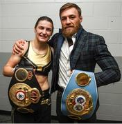 20 October 2018; UFC fighter Conor McGregor with Katie Taylor following her WBA & IBF Female Lightweight World title bout against Cindy Serrano at TD Garden in Boston, Massachusetts, USA. Photo by Stephen McCarthy/Sportsfile