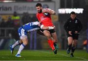 14 December 2018; Stuart McCloskey of Ulster is tackled by Hadleigh Parkes of Scarlets during the Heineken Champions Cup Pool 4 Round 4 match between Ulster and Scarlets at the Kingspan Stadium in Belfast. Photo by Ramsey Cardy/Sportsfile
