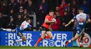14 December 2018; Jacob Stockdale of Ulster beats the tackle by Tom Prydie of Scarlets on his way to scoring his side's second try during the Heineken Champions Cup Pool 4 Round 4 match between Ulster and Scarlets at the Kingspan Stadium in Belfast. Photo by Ramsey Cardy/Sportsfile