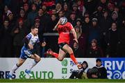 14 December 2018; Jacob Stockdale of Ulster claims possession on his way to scoring his side's second try during the Heineken Champions Cup Pool 4 Round 4 match between Ulster and Scarlets at the Kingspan Stadium in Belfast. Photo by Ramsey Cardy/Sportsfile