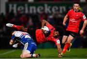 14 December 2018; Henry Speight of Ulster is tackled by Steff Evans of Scarlets during the Heineken Champions Cup Pool 4 Round 4 match between Ulster and Scarlets at the Kingspan Stadium in Belfast. Photo by Ramsey Cardy/Sportsfile