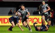 14 December 2018; Cian Kelleher of Connacht beats the tackles of Sadek Degmache, left, and Tima Fainga’anuku on the way to scoring his side's fifth try during the Heineken Champions Cup Pool 3 Round 4 match between Perpignan and Connacht at the Stade Aime Giral in Perpignan, France. Photo by Brendan Moran/Sportsfile