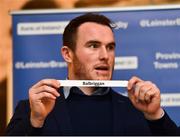 15 December 2018; Leinster's Peter Dooley pulls out the name of Balbriggan RFC during the Bank of Ireland Provincial Towns Cup Draw at Lansdowne RFC in Dublin. Photo by Seb Daly/Sportsfile