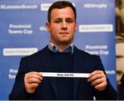 15 December 2018; Leinster's Bryan Byrne pulls out the name of Naas 2nd XV RFC during the Bank of Ireland Provincial Towns Cup Draw at Lansdowne RFC in Dublin. Photo by Seb Daly/Sportsfile