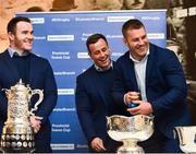 15 December 2018; Leinster players, from left, Peter Dooley, Bryan Byrne and Sean O'Brien during the Bank of Ireland Provincial Towns Cup Draw at Lansdowne RFC in Dublin. Photo by Seb Daly/Sportsfile
