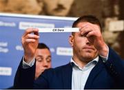 15 December 2018; Leinster's Sean O'Brien pulls out the name of Cill Dara RFC during the Bank of Ireland Provincial Towns Cup Draw at Lansdowne RFC in Dublin. Photo by Seb Daly/Sportsfile