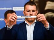 15 December 2018; Leinster's Sean O'Brien pulls out the name of Skerries 2nd XV RFC during the Bank of Ireland Provincial Towns Cup Draw at Lansdowne RFC in Dublin. Photo by Seb Daly/Sportsfile