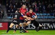 15 December 2018; Mike Haley of Munster is tackled by Taylor Paris, left, and Florian Vialelle of Castres Olympique during the Heineken Champions Cup Pool 2 Round 4 match between Castres and Munster at Stade Pierre Fabre in Castres, France. Photo by Brendan Moran/Sportsfile