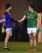 15 December 2018; Barry McKeon of Longford shakes hands with Niall Hickey of Meath following the Bord na Móna O'Byrne Cup Round 2 match between Meath and Longford at Donaghmore Ashbourne GFC in Ashbourne, Co Meath. Photo by Harry Murphy/Sportsfile