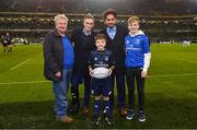 15 December 2018; Matchday mascot 9 year old Simon Quinn, from Blackrock, Dublin, with Leinster players Nick McCarthy and Joe Tomane ahead of the European Rugby Champions Cup Pool 1 Round 4 match between Leinster and Bath at the Aviva Stadium in Dublin. Photo by Ramsey Cardy/Sportsfile