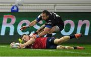 15 December 2018; Andrew Conway of Munster scores a try which was subsequently disallowed after a review by the TMO during the Heineken Champions Cup Pool 2 Round 4 match between Castres and Munster at Stade Pierre Fabre in Castres, France. Photo by Brendan Moran/Sportsfile