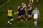 15 December 2018; Adam Byrne of Leinster, centre, celebrates after scoring his side's fourth try, with teammates, from left, Andrew Porter, Luke McGrath, Garry Ringrose and Jordan Larmour during the Heineken Champions Cup Pool 1 Round 4 match between Leinster and Bath at the Aviva Stadium in Dublin. Photo by Sam Barnes/Sportsfile