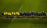 15 December 2018; Leinster players observe a minute's silence in honour of Stade Francais' Nicolas Chauvin, who passed away during the week following a neck injury sustained in a tackle, prior to the Heineken Champions Cup Pool 1 Round 4 match between Leinster and Bath at the Aviva Stadium in Dublin. Photo by Sam Barnes/Sportsfile