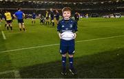 15 December 2018; Matchday mascot 9 year old Simon Quinn, from Blackrock, Dublin, ahead of the European Rugby Champions Cup Pool 1 Round 4 match between Leinster and Bath at the Aviva Stadium in Dublin. Photo by Ramsey Cardy/Sportsfile