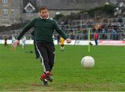 16 December 2018; Former jockey Johnny Murtagh takes a penalty in a half-time competition during the Seán Cox Fundraising match between Meath and Dublin at Páirc Tailteann in Navan, Co Meath. Photo by Piaras Ó Mídheach/Sportsfile