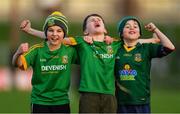 16 December 2018; Meath supporters, from left, Luke Casey, age 10, and Max Farrelly, age 11, both from Navan O'Mahony's, and Finian Collier, age 10, from Bective GAA, celebrate after the Seán Cox Fundraising match between Meath and Dublin at Páirc Tailteann in Navan, Co Meath. Photo by Piaras Ó Mídheach/Sportsfile