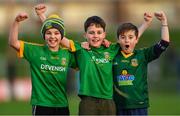 16 December 2018; Meath supporters, from left, Luke Casey, age 10, and Max Farrelly, age 11, both from Navan O'Mahony's, and Finian Collier, age 10, from Bective GAA, celebrate after the Seán Cox Fundraising match between Meath and Dublin at Páirc Tailteann in Navan, Co Meath. Photo by Piaras Ó Mídheach/Sportsfile