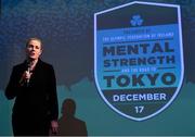 17 December 2018; ’Mental Strength and the Road to Tokyo’ is the first in a series of events hosted by Team Ireland’s Athletes’ Commission in the lead up to Tokyo 2020, focusing on mental fortitude during the qualification process of an Olympic cycle. The event was designed to prepare aspiring Olympians for their Olympic journey drawing on the experience of the Irish Olympic family. The event was attended by a wide spectrum of people across 20 sports, from junior athletes to seasoned Olympians. Speaking at the event is Olympic Federation of Ireland President Sarah Keane at The Sugar Club in Dublin. Photo by Brendan Moran/Sportsfile