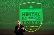 17 December 2018; ’Mental Strength and the Road to Tokyo’ is the first in a series of events hosted by Team Ireland’s Athletes’ Commission in the lead up to Tokyo 2020, focusing on mental fortitude during the qualification process of an Olympic cycle. The event was designed to prepare aspiring Olympians for their Olympic journey drawing on the experience of the Irish Olympic family. The event was attended by a wide spectrum of people across 20 sports, from junior athletes to seasoned Olympians. Speaking at the event is President of Olympic Federation of Ireland, Sarah Keane at The Sugar Club in Dublin at The Sugar Club in Dublin. Photo by Eóin Noonan/Sportsfile