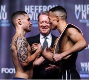 21 December 2018; Carl Frampton, left, and Josh Warrington shake hands after their face off following the weigh in ahead of their IBF World Featherweight title bout at Manchester Central in Manchester, England. Photo by David Fitzgerald/Sportsfile
