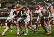 21 December 2018; Rob Herring of Ulster celebrates with team-mates after scoring his side's first try during the Guinness PRO14 Round 11 match between Ulster and Munster at the Kingspan Stadium in Belfast. Photo by Ramsey Cardy/Sportsfile