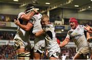 21 December 2018; Rob Herring of Ulster celebrates with team-mates after scoring his side's first try during the Guinness PRO14 Round 11 match between Ulster and Munster at the Kingspan Stadium in Belfast. Photo by Ramsey Cardy/Sportsfile