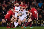 21 December 2018; Will Addison of Ulster in action against Darren Sweetnam, left, and JJ Hanrahan of Munster during the Guinness PRO14 Round 11 match between Ulster and Munster at the Kingspan Stadium in Belfast. Photo by Ramsey Cardy/Sportsfile