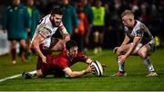 21 December 2018; Darren Sweetnam of Munster in action against Stuart McCloskey, left, and Dave Shanahan of Ulster during the Guinness PRO14 Round 11 match between Ulster and Munster at the Kingspan Stadium in Belfast. Photo by Oliver McVeigh/Sportsfile