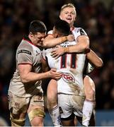 21 December 2018; Robert Baloucoune of Ulster celebrates with team-mates Ian Nagle, left, and Dave Shanahan after scoring his side's second try during the Guinness PRO14 Round 11 match between Ulster and Munster at the Kingspan Stadium in Belfast. Photo by Oliver McVeigh/Sportsfile