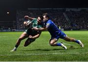 22 December 2018; Cian Kelleher of Connacht dives over to score his side's first try despite the efforts of Hugo Keenan of Leinster during the Guinness PRO14 Round 11 match between Leinster and Connacht at the RDS Arena in Dublin. Photo by Matt Browne/Sportsfile