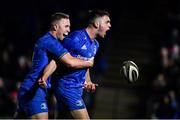 22 December 2018; Conor O'Brien of Leinster celebrates with Rory O'Loughlin, left, after scoring his side's first try during the Guinness PRO14 Round 11 match between Leinster and Connacht at the RDS Arena in Dublin. Photo by Ramsey Cardy/Sportsfile