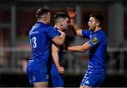 22 December 2018; Conor O'Brien of Leinster, centre, celebrates after scoring his side's first try with Rory O'Loughlin, left, and Ross Byrne during the Guinness PRO14 Round 11 match between Leinster and Connacht at the RDS Arena in Dublin. Photo by Sam Barnes/Sportsfile