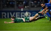 22 December 2018; Jack Carty of Connacht celebrates as he dives over to score his side's third try during the Guinness PRO14 Round 11 match between Leinster and Connacht at the RDS Arena in Dublin. Photo by Eóin Noonan/Sportsfile