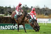27 December 2018; Paloma Blue, left, with Mark Walsh up, on their way to winning as Real Steel, right, with Paul Townsend up, falls at the last, during the Paddy Power 'Live Stream All Irish Racing On Our App' Beginners Steeplechase during day two of the Leopardstown Festival at Leopardstown Racecourse in Dublin. Photo by Eóin Noonan/Sportsfile