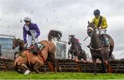 27 December 2018; Veinard, left, with Denis O'Regan up, falling at the last during the Paddy Power 'Enough of your Nonsense' Handicap Hurdle during day two of the Leopardstown Festival at Leopardstown Racecourse in Dublin. Photo by Eóin Noonan/Sportsfile