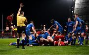 29 December 2018; Munster players including Joey Carbery, Rory Scannell, Conor Murray, and John Ryan celebrate as Chris Cloete (hidden) scores his side's first try during the Guinness PRO14 Round 12 match between Munster and Leinster at Thomond Park in Limerick. Photo by Diarmuid Greene/Sportsfile