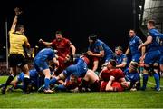 29 December 2018; Munster players including Jean Kleyn, Conor Murray, Rory Scannell, CJ Stander, and John Ryan celebrate as Chris Cloete (hidden) scores his side's first try during the Guinness PRO14 Round 12 match between Munster and Leinster at Thomond Park in Limerick. Photo by Diarmuid Greene/Sportsfile