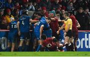 29 December 2018; Joey Carbery of Munster is pulled to the ground by Jonathan Sexton of Leinster during the Guinness PRO14 Round 12 match between Munster and Leinster at Thomond Park in Limerick. Photo by Diarmuid Greene/Sportsfile