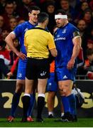 29 December 2018; Referee Frank Murphy in conversation with captain Jonathan Sexton, left and Cian Healy, who was subsequently shown a yellow card, during the Guinness PRO14 Round 12 match between Munster and Leinster at Thomond Park in Limerick. Photo by Ramsey Cardy/Sportsfile