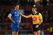 29 December 2018; Referee Frank Murphy speaks with Jonathan Sexton of Leinster during the Guinness PRO14 Round 12 match between Munster and Leinster at Thomond Park in Limerick. Photo by Diarmuid Greene/Sportsfile