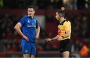 29 December 2018; Referee Frank Murphy speaks with Jonathan Sexton of Leinster during the Guinness PRO14 Round 12 match between Munster and Leinster at Thomond Park in Limerick. Photo by Diarmuid Greene/Sportsfile